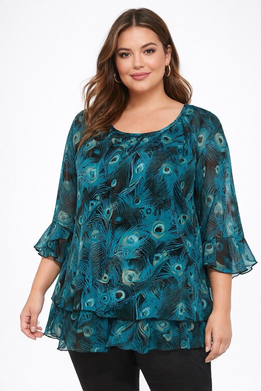 Cocomo 2X Peacock Feather Blouse Teal Sheer Ruffle Hem Boho Tunic Top